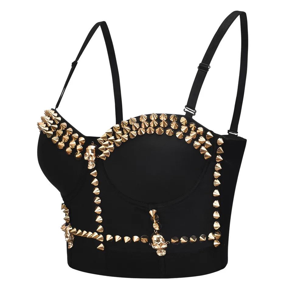 Steampunk Rivet Corset Bustier – Women’s Sexy Push-Up Bralette Lingerie Top, Short Black Gothic Ballroom Blouse