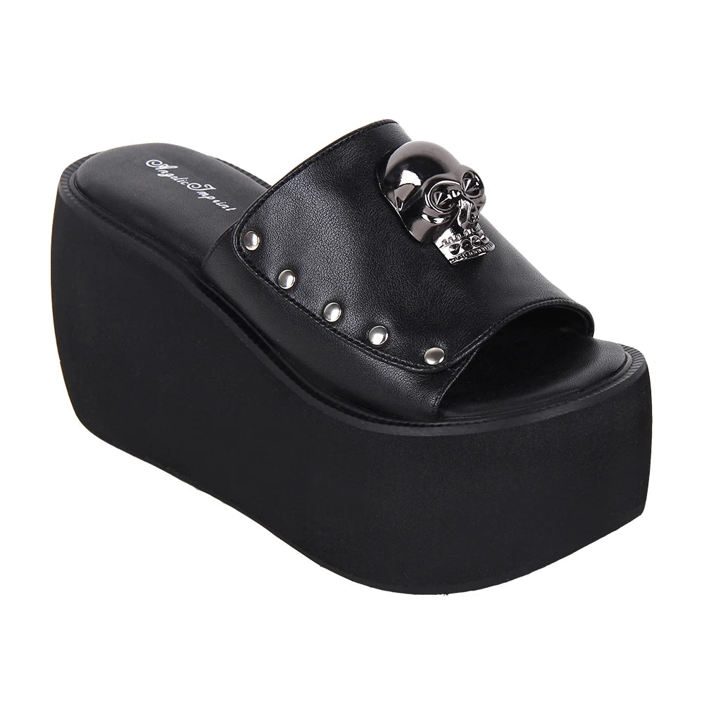 Women and Girls Lolita Punk Rock Slide Sandals - 10cm Platform Shoes with Skull Rivet Details