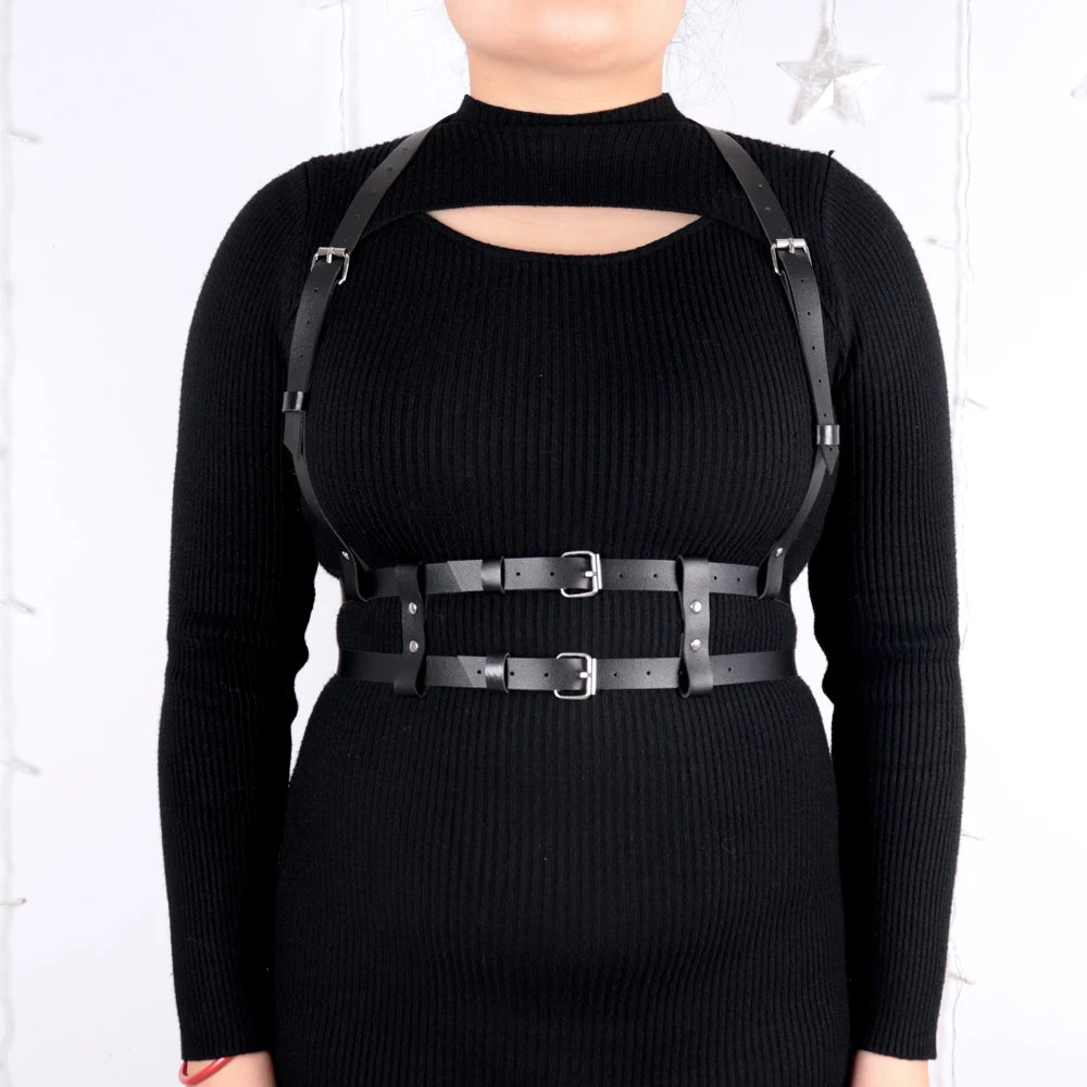 Plus Size Black PU Leather Waist Belt - Gothic Garters with Metal Circle Ring Design