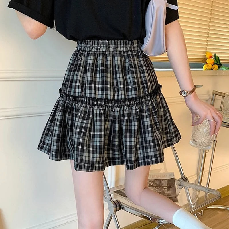 Kawaii Gothic Lolita Plaid Skirt - Women's Goth Bow Black High Waist A-line Mini Skirt, Japanese Style Harajuku Soft Girl