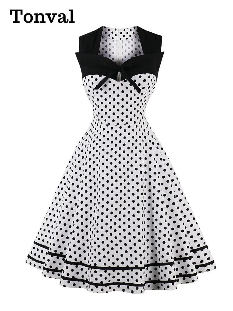 Tonval Polka Dot 1950S Tie Sweetheart Neck Summer Dress Women Party Elegant Vintage Sleeveless Rockabilly Pinup Dresses