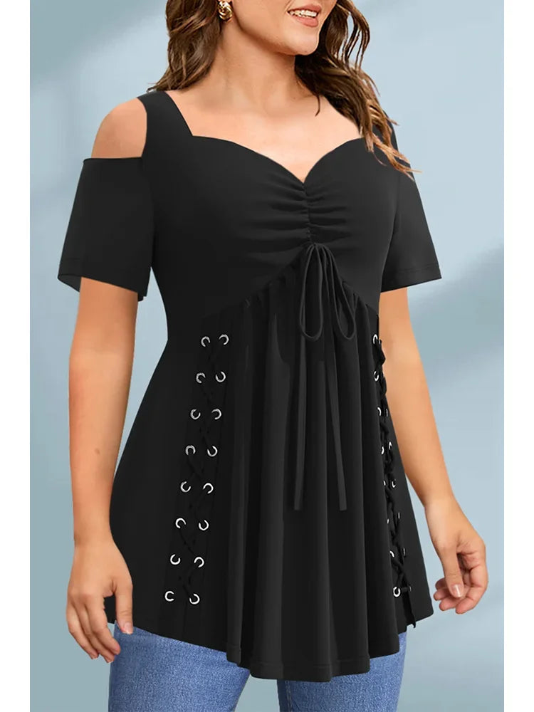 Women Plus Size Off the Shoulder T shirt Casual Black Cold Shoulder Pleated Metal Eyelet Washer Short Sleeve Summer A-Line Top