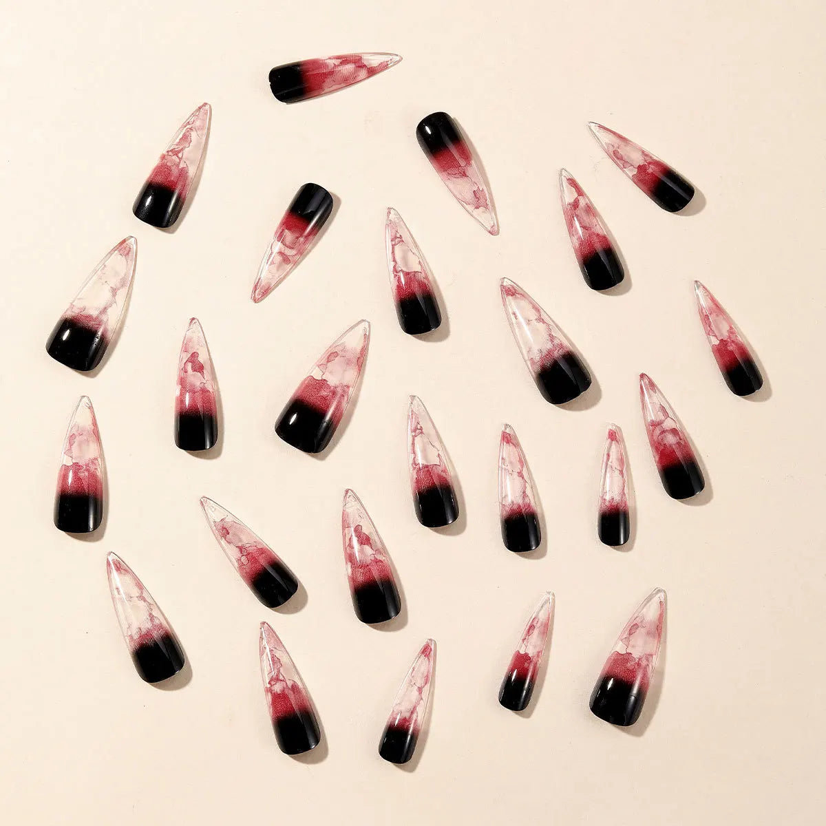 24pcs Halloween Black Red Gradient Almond Fake Nails, Press-On Full Cover Nails with Blood Line Design, Stiletto False Nail Tips