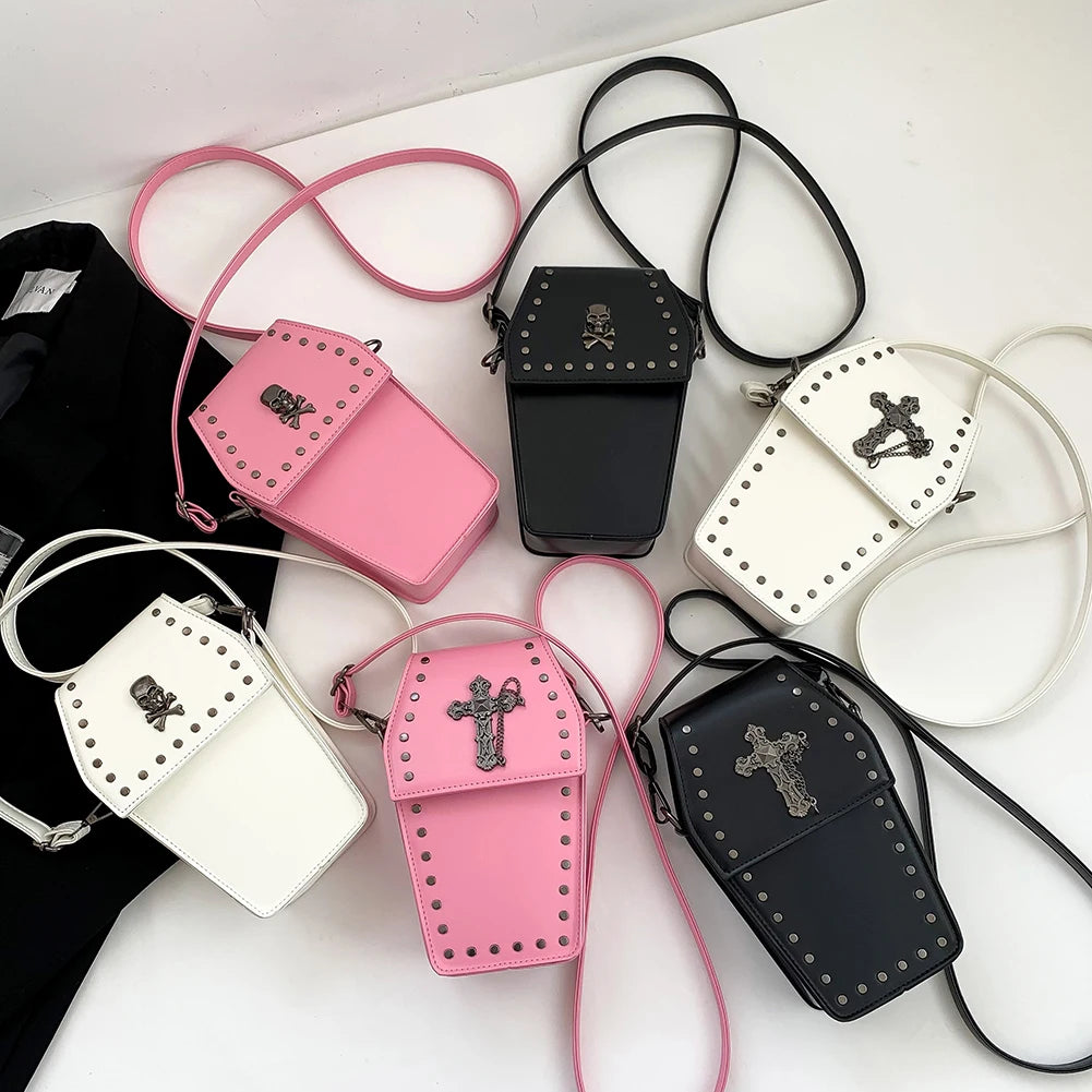 Novelty Coffin Shape Purses - Halloween Gothic Cartoon Crossbody Bags, PU Leather Women's Cell Phone Bag, Cosplay Lolita Satchel