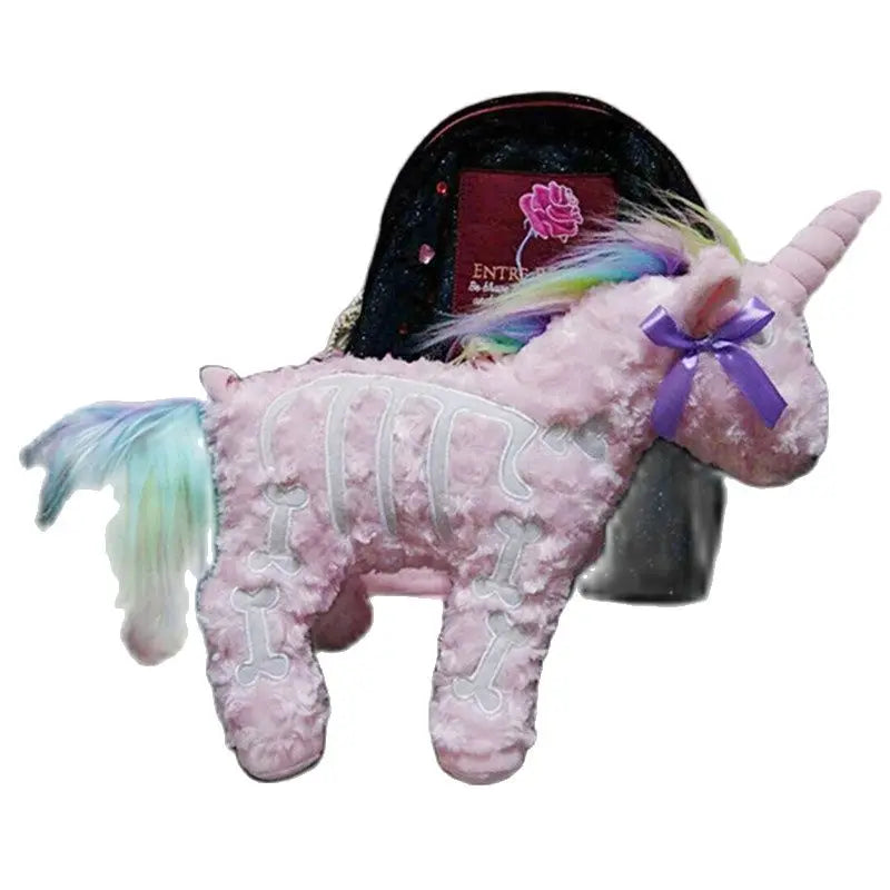 Dark Punk Unicorn Backpack | Gothic Rock Pink Plush Flying Horse Skeleton Stuffed Crossbody Bag | High-Quality Gift for Friends