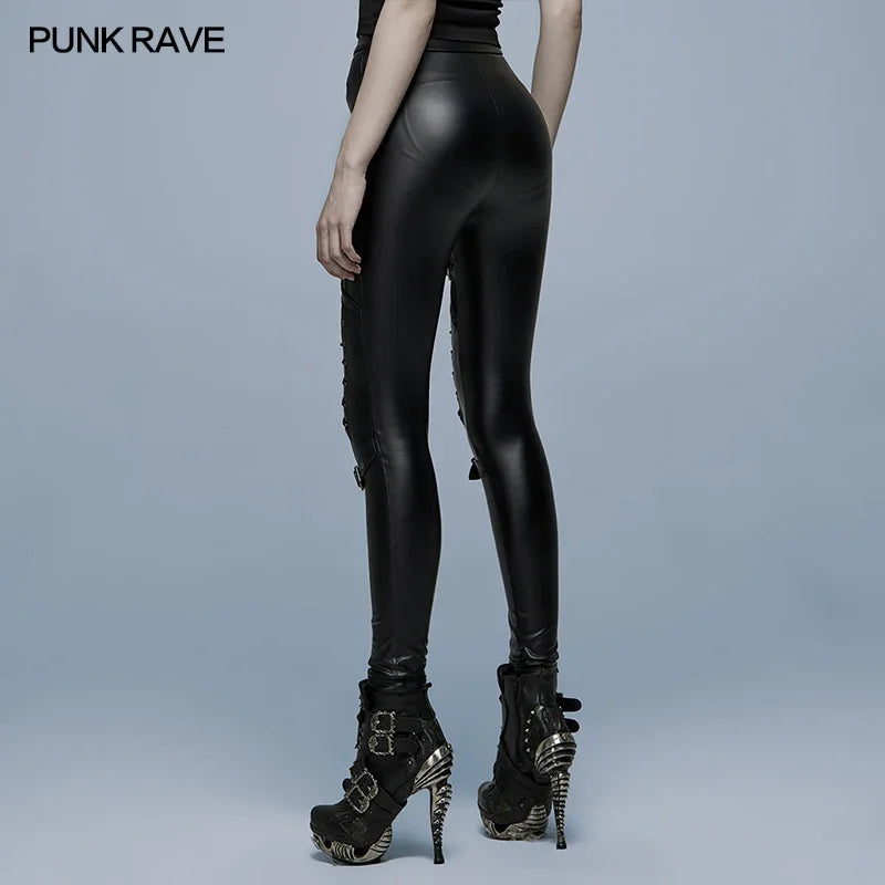 PUNK RAVE Gothic Skinny Imitation Leather Pants - Mesh Spliced Punk Leggings in Black