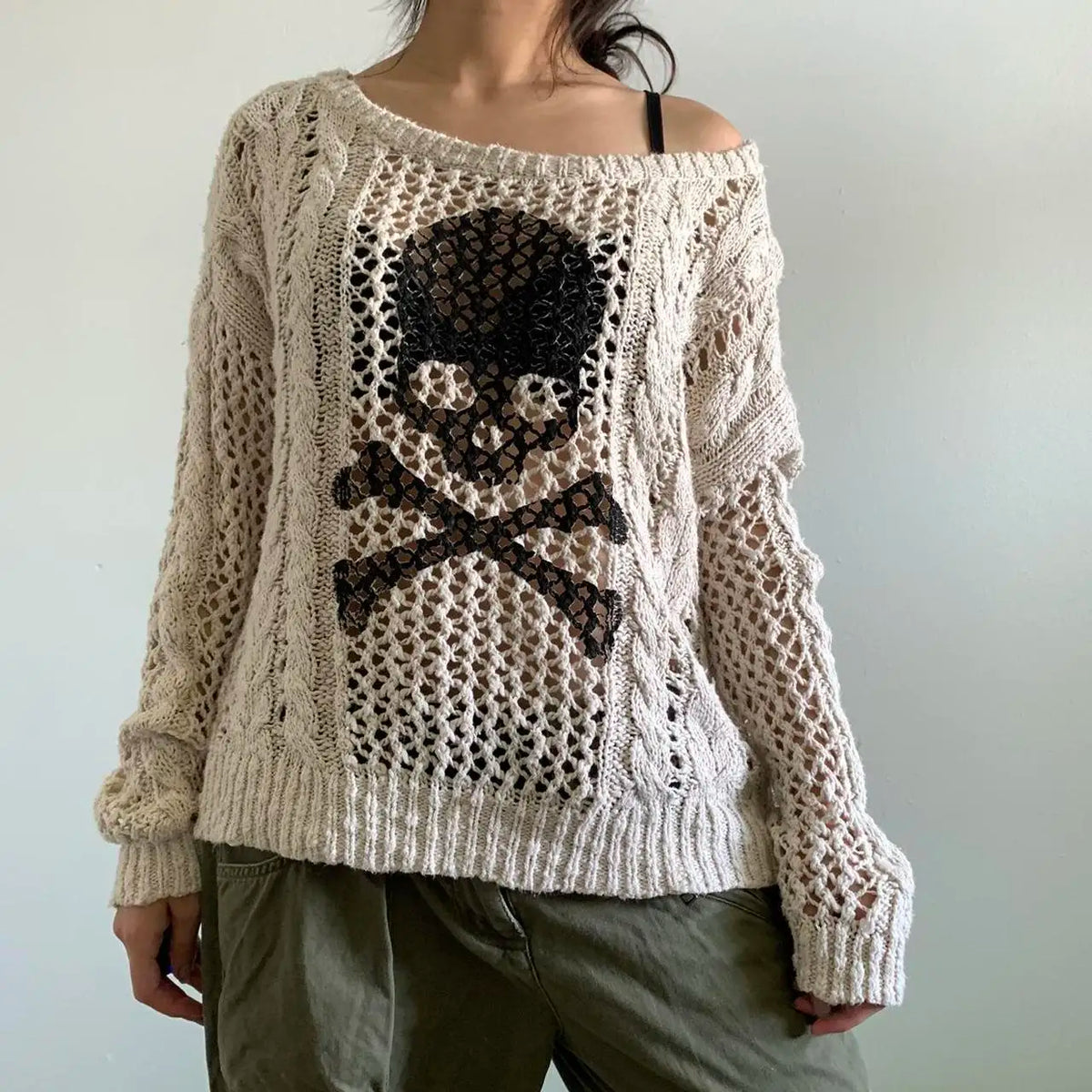 Y2K Gothic Retro Skull Print Crochet Smock Top – Hollow Out Pullover Knitwear, Women’s Grunge Streetwear