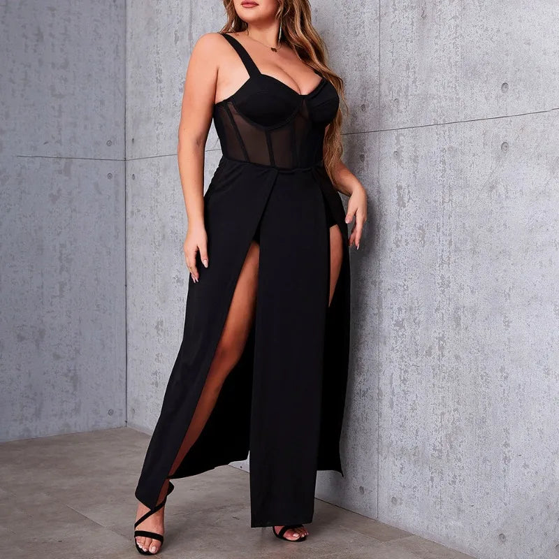 Sexy Backless Sling Mesh Splicing High Waist Slit Dress - Plus Size Elegant Fashion Square Neck Dress