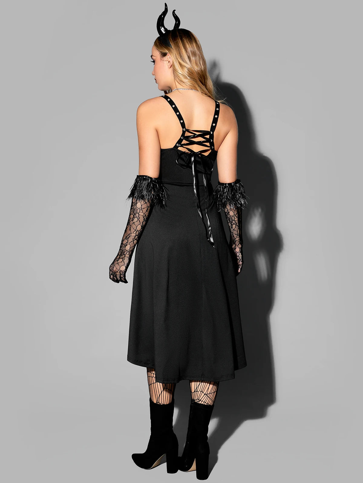 2024 Women's Black Gothic Dress – Eyelet Lace-Up, Surplice Plunging Neckline, High-Low Punk Sleeveless Midi A-Line Dress