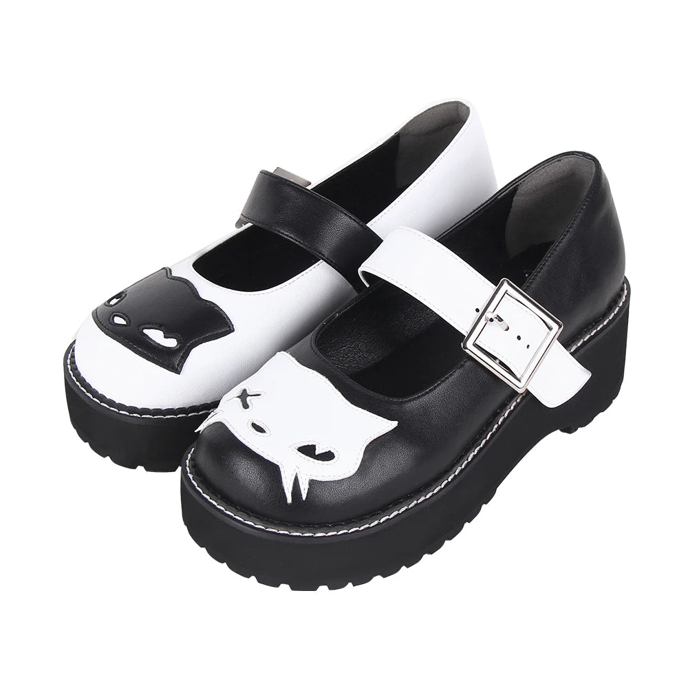 Women’s Lolita Black and White Mismatched Cat Accent Mary Jane Flats - Gothic Punk Rock Chunky Party Shoes