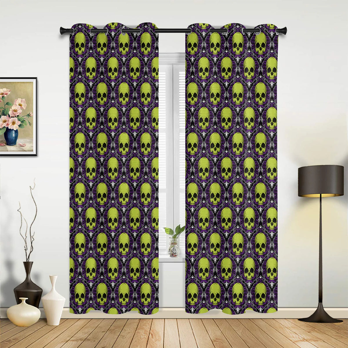 Halloween Purple and Green Textured Skull Window Curtains - Luxury Drapes for Living Room, Bedroom, Coffee, and Kitchen Decor