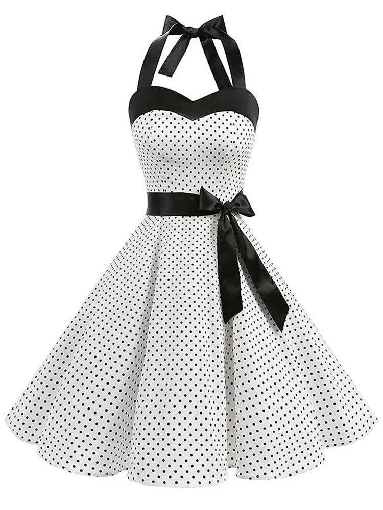 Women's Polka Dot Print Summer Dress - Sexy Retro White Halter Vintage Chic, Pin-Up Rockabilly Party Dress