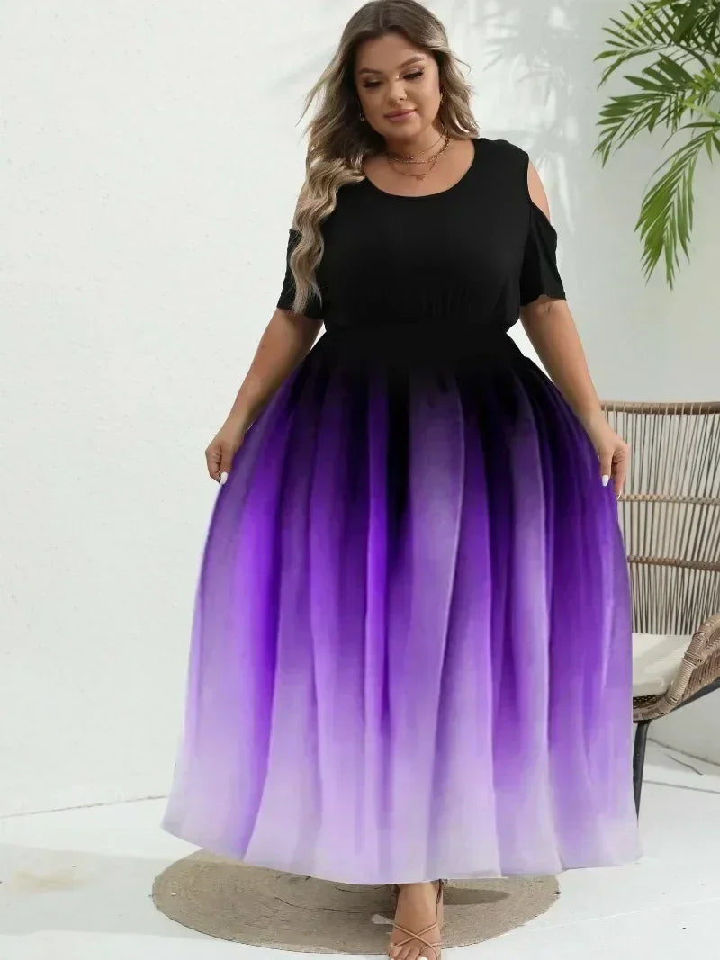 Women Plus Size 1XL-8XL Dress Gradient Print Off Shoulder Dress Tight Top and Loose Bottom Elegant Short Sleeve Long Ball Dress