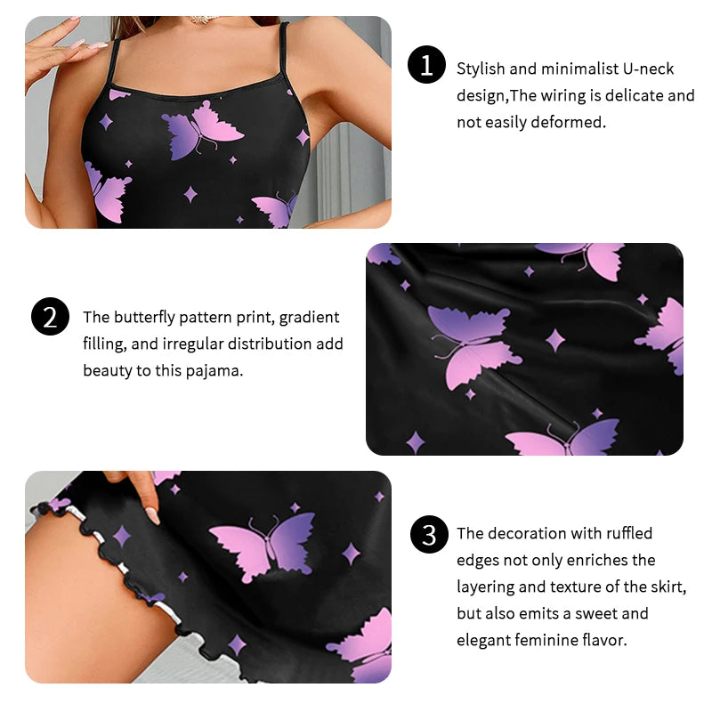 Women's Nightdress Butterfly Print Sleepwear Nightgown Sexy Backless Slip Night Dress Soft Comfortable Home Clothing Nightwear