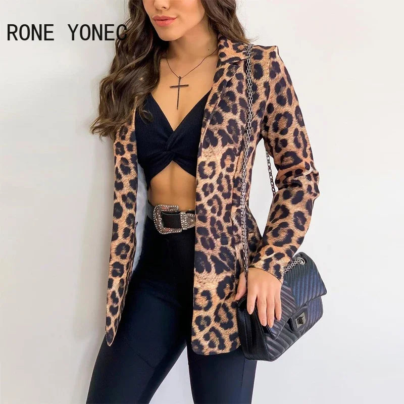 Women’s Chic Leopard Print Double Blazer with Notched Collar - Casual and Elegant Top