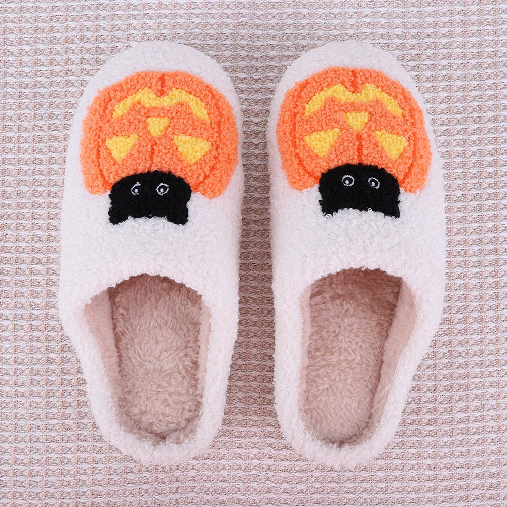 2024 Funny Halloween Pumpkin Cat Cotton Fluffy Slippers – Plush Platform Slides for Couples, Indoor/Outdoor Bedroom Shoes for Women