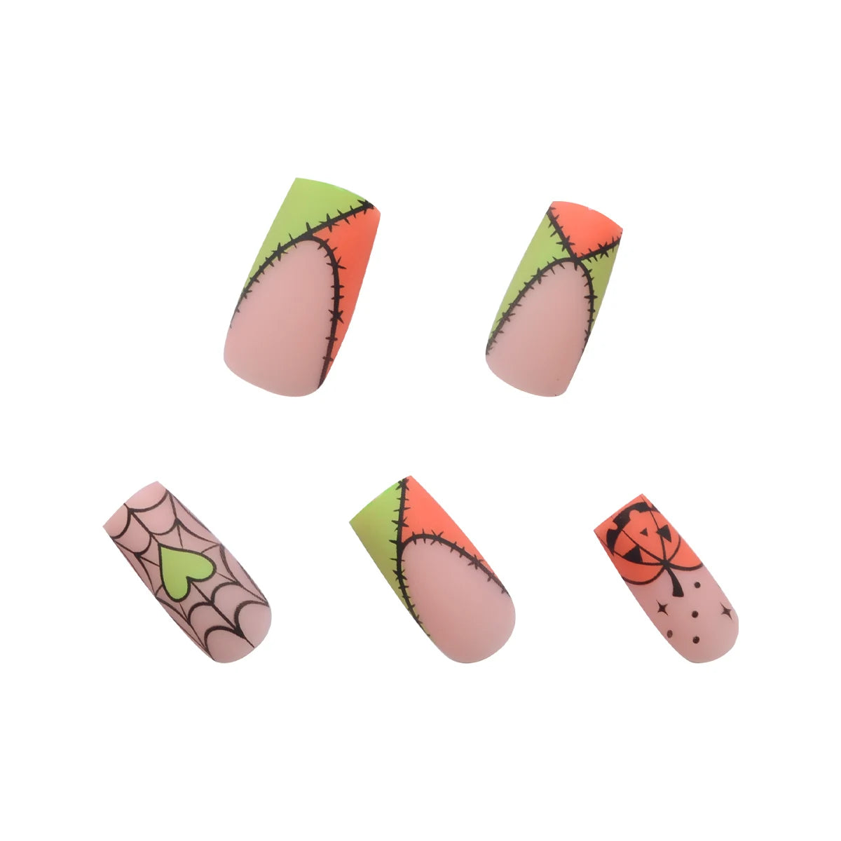 24pcs Halloween-Themed Matte Press-On Nails - Long Square Shaped Mixed Color Nails with Spider Web, Heart, and Pumpkin Designs