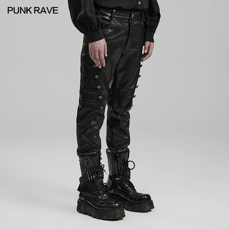 PUNK RAVE Men's Punk Suede with Random Pattern PU Leather Pants Personalized Cool Handsome Black Trousers Autumn/Winter