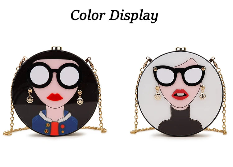 Fashion 3D Sexy Woman Face Women Handbag and Clutch Novelty Female Circular Acrylic Evening Wedding  Party Purse Girls Gifts