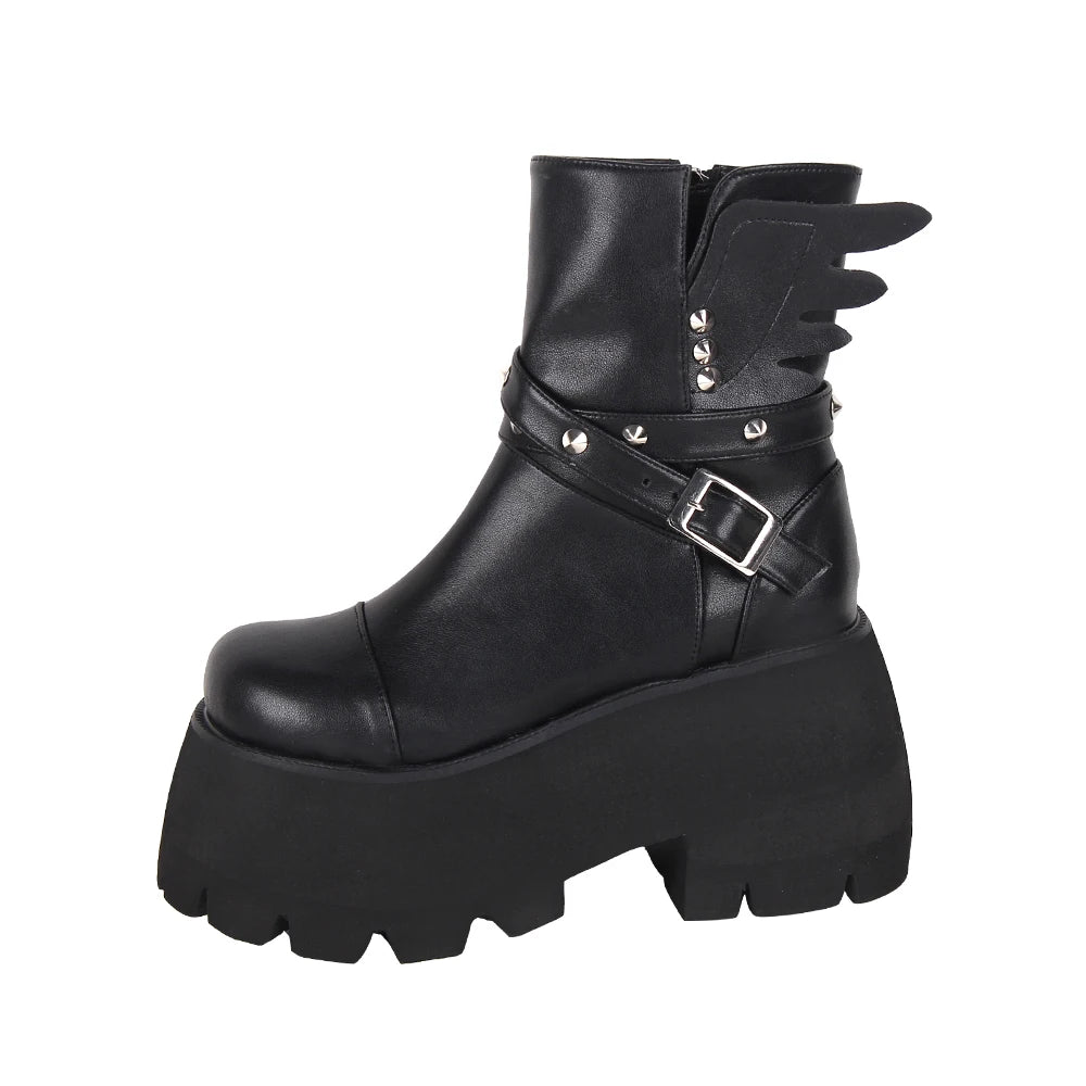 Women’s Motorcycle Chunky Platform Ankle Boots - Side Zip with Rivet and Angel Wing Accents