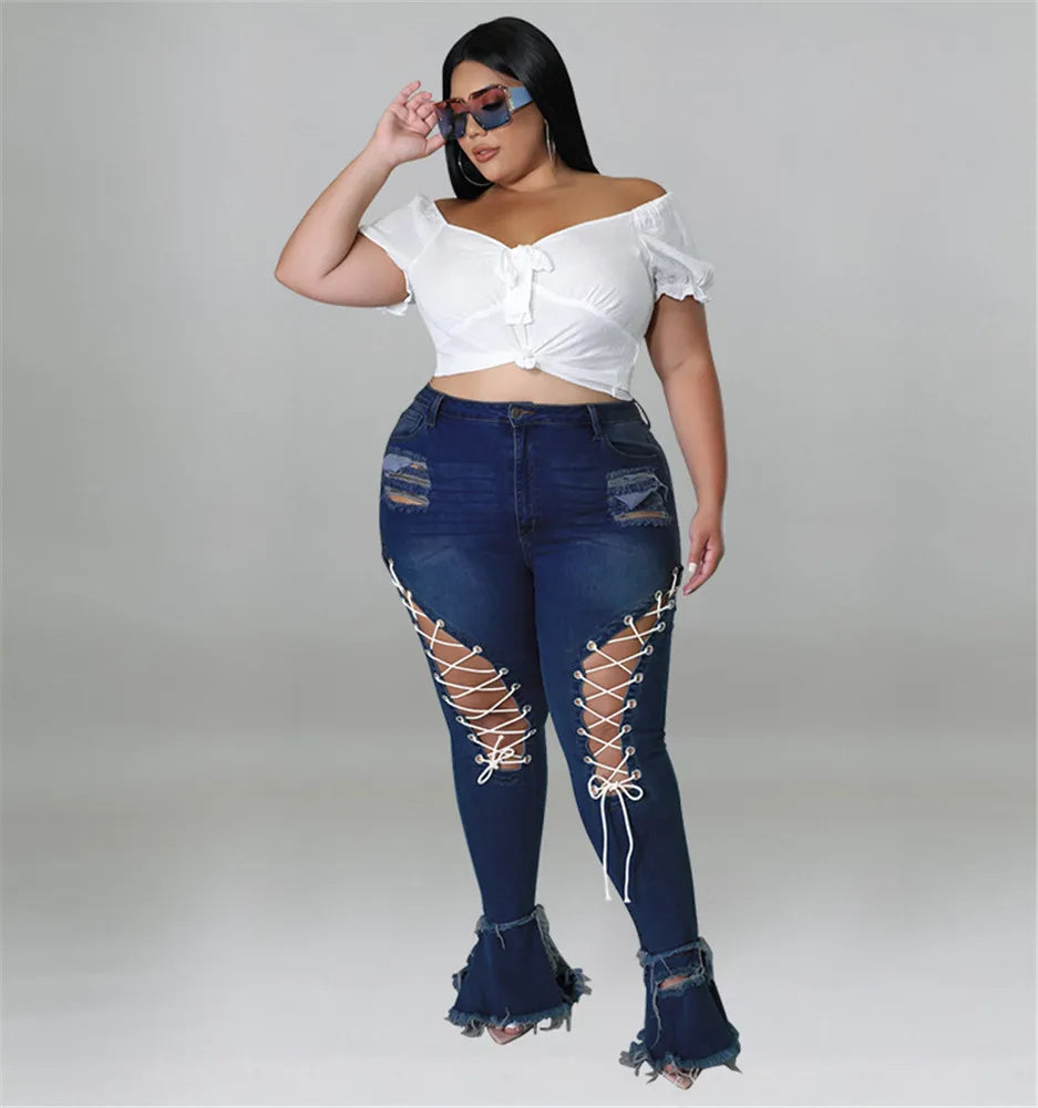 Wmstar Plus Size Flared Jeans Women Bandage High Waist Tassel Hole Denim Ripped Bottom Stretch New Pants Wholesale Dropshipping