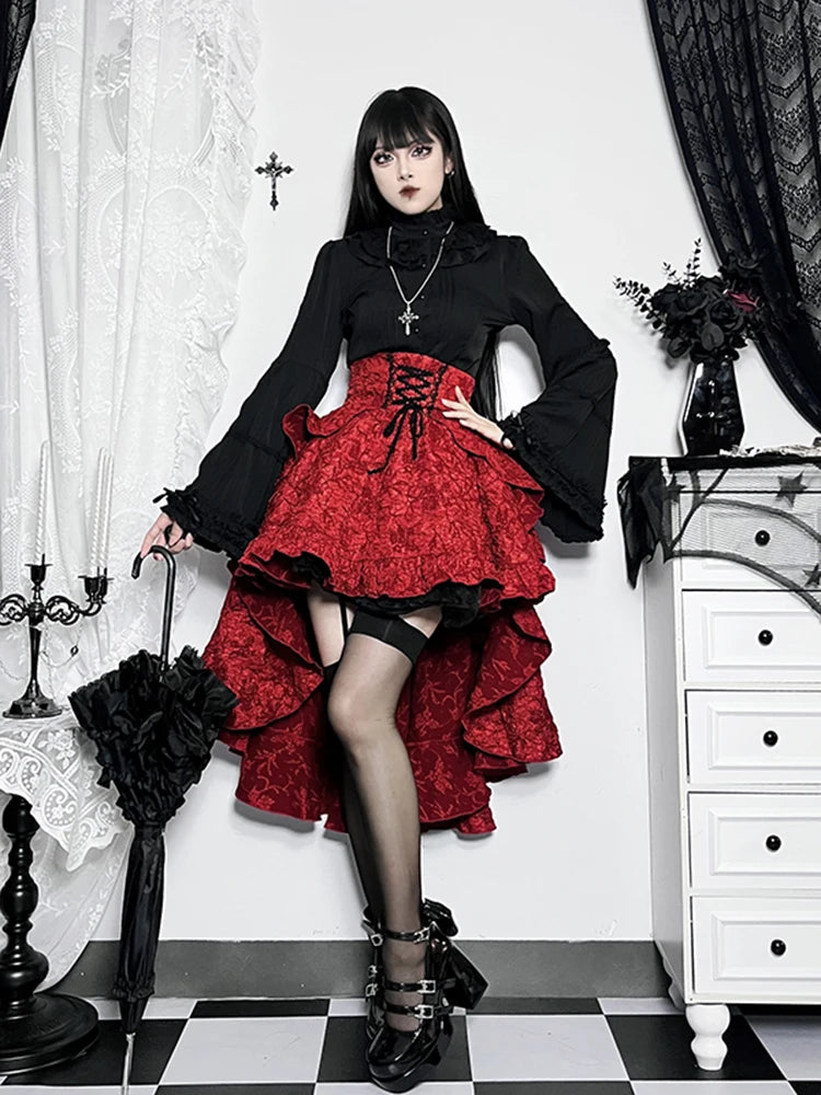 AltGoth Fairycore Grunge Lolita Skirt Women Dark Gothic Christmas High Waist Bandage Corset Skirt Aesthetic Streetwear Partywear