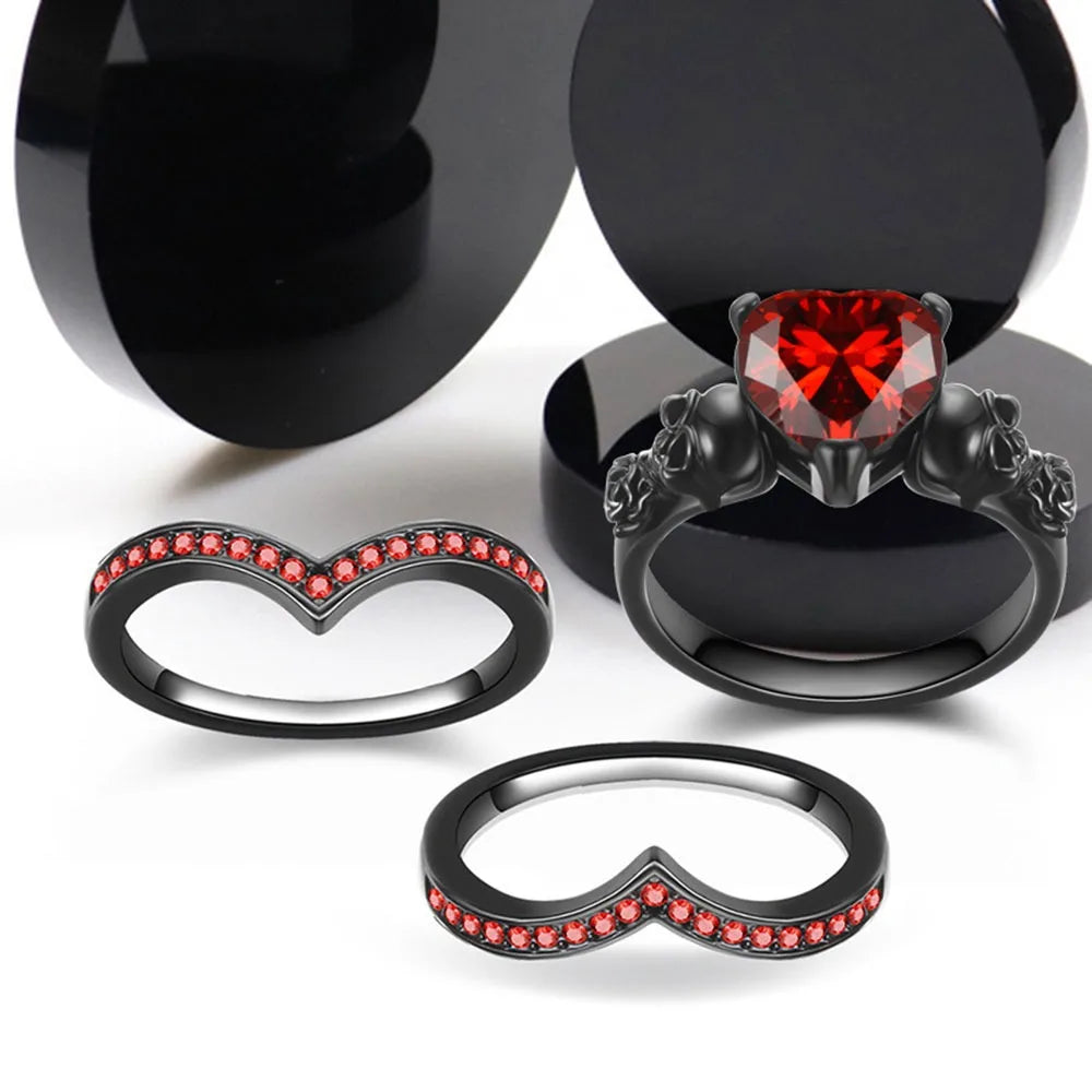 Gothic Black Rose & Skull Engagement Ring Set – Heart-shaped Red & Purple Zircon Crystals