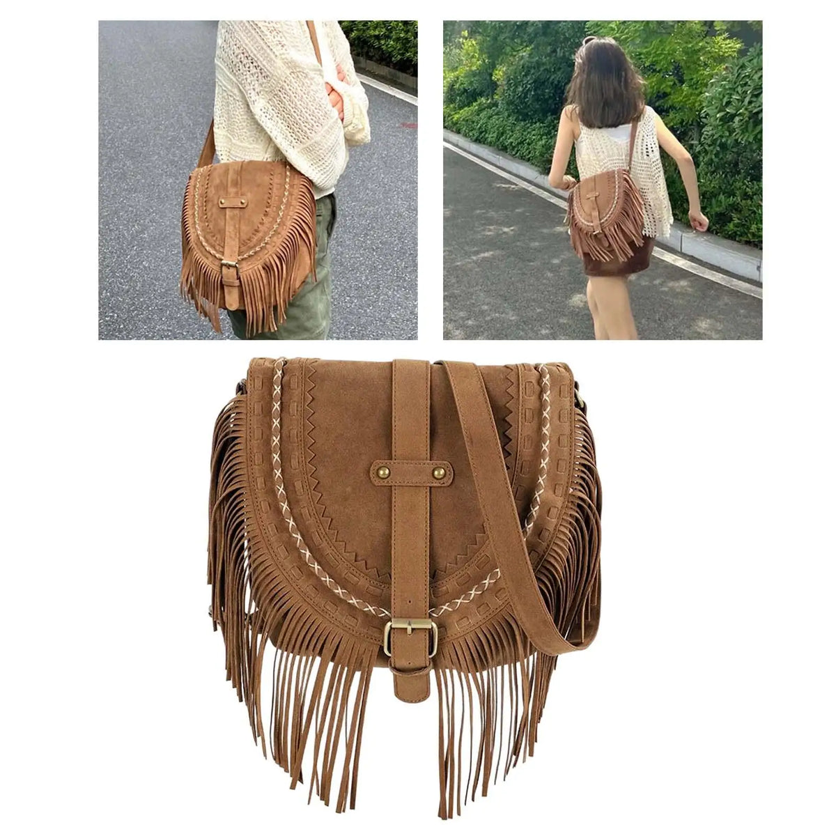 Retro Faux Suede Tassel Shoulder Bag – Handmade Boho Crossbody Messenger Bag for Women