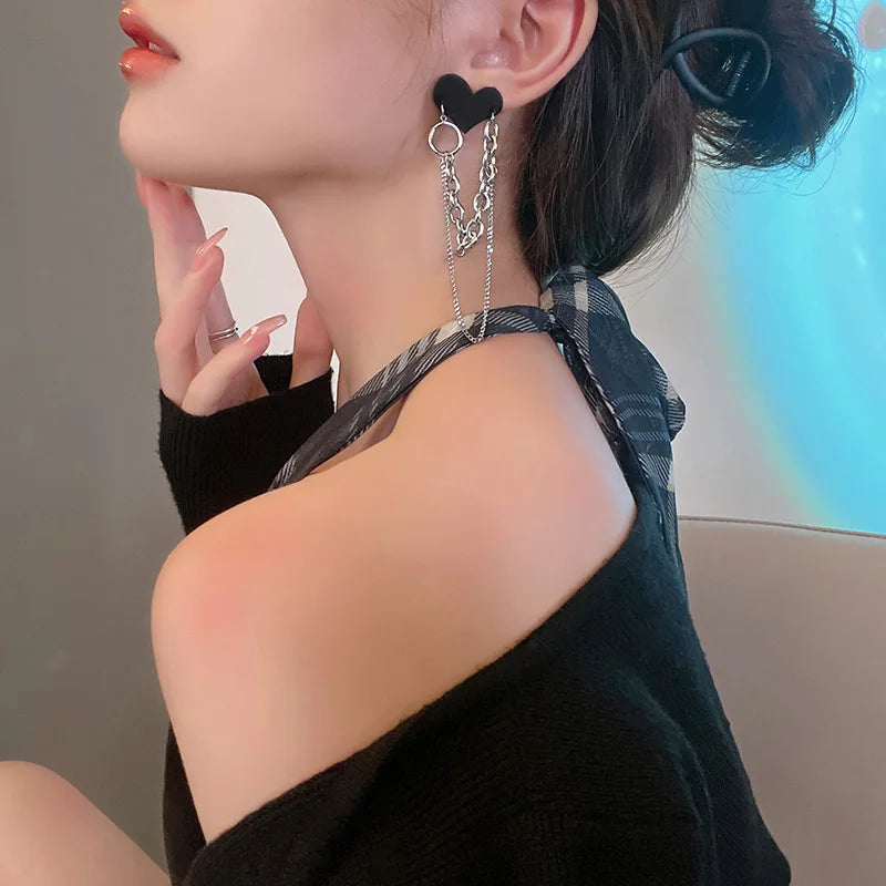 Black Heart Tassel Chain Earrings for Women | Korean Brincos 2024 | Femme Jewelry Streetwear Fashion Wholesale