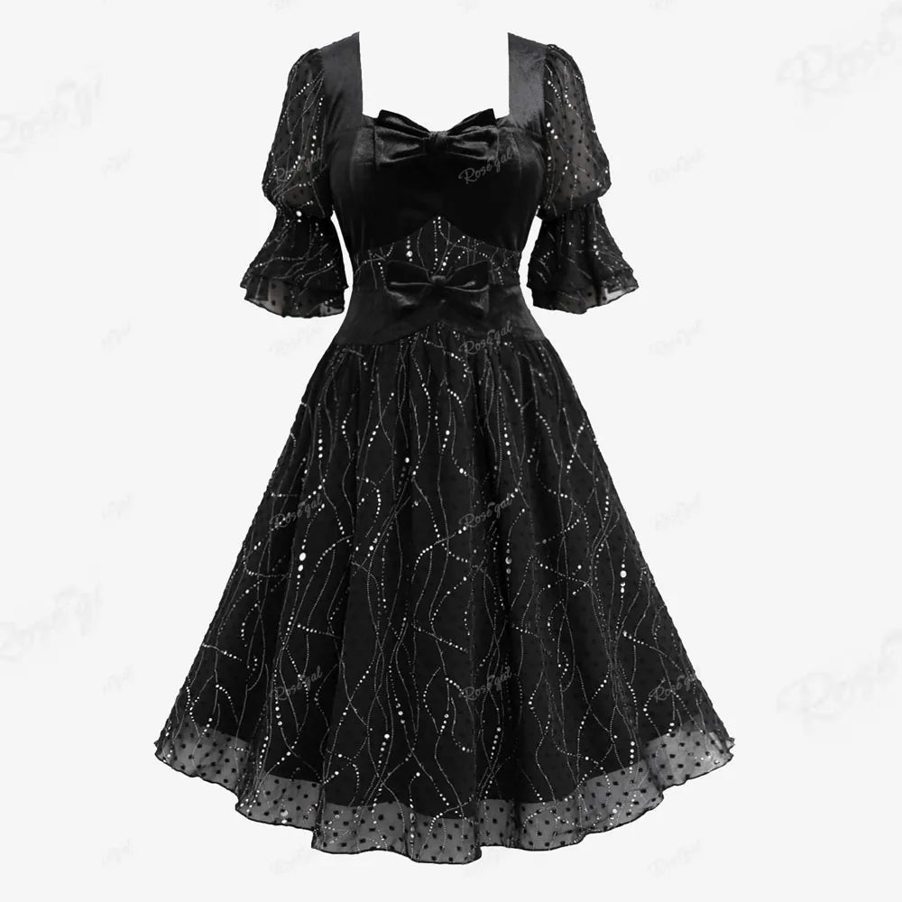 ROSEGAL Plus Size Gothic Evening Dress – Black Bowknot Sequins Swiss Dot Layered Ruched Puff Sleeve Dress for Women