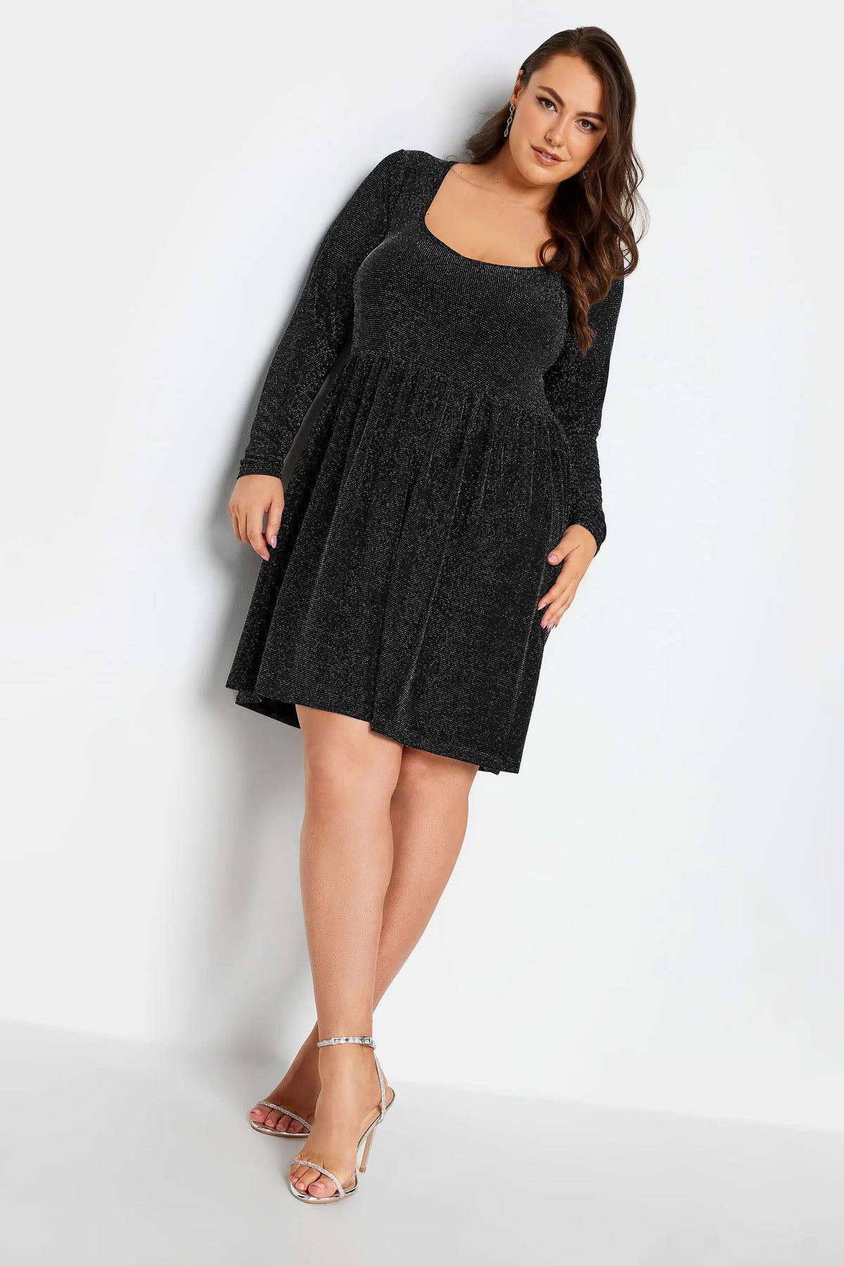 Plus Size Long Sleeve Black Silver Glitter Party Dress - Elegant Spring Autumn Midi Evening Dress