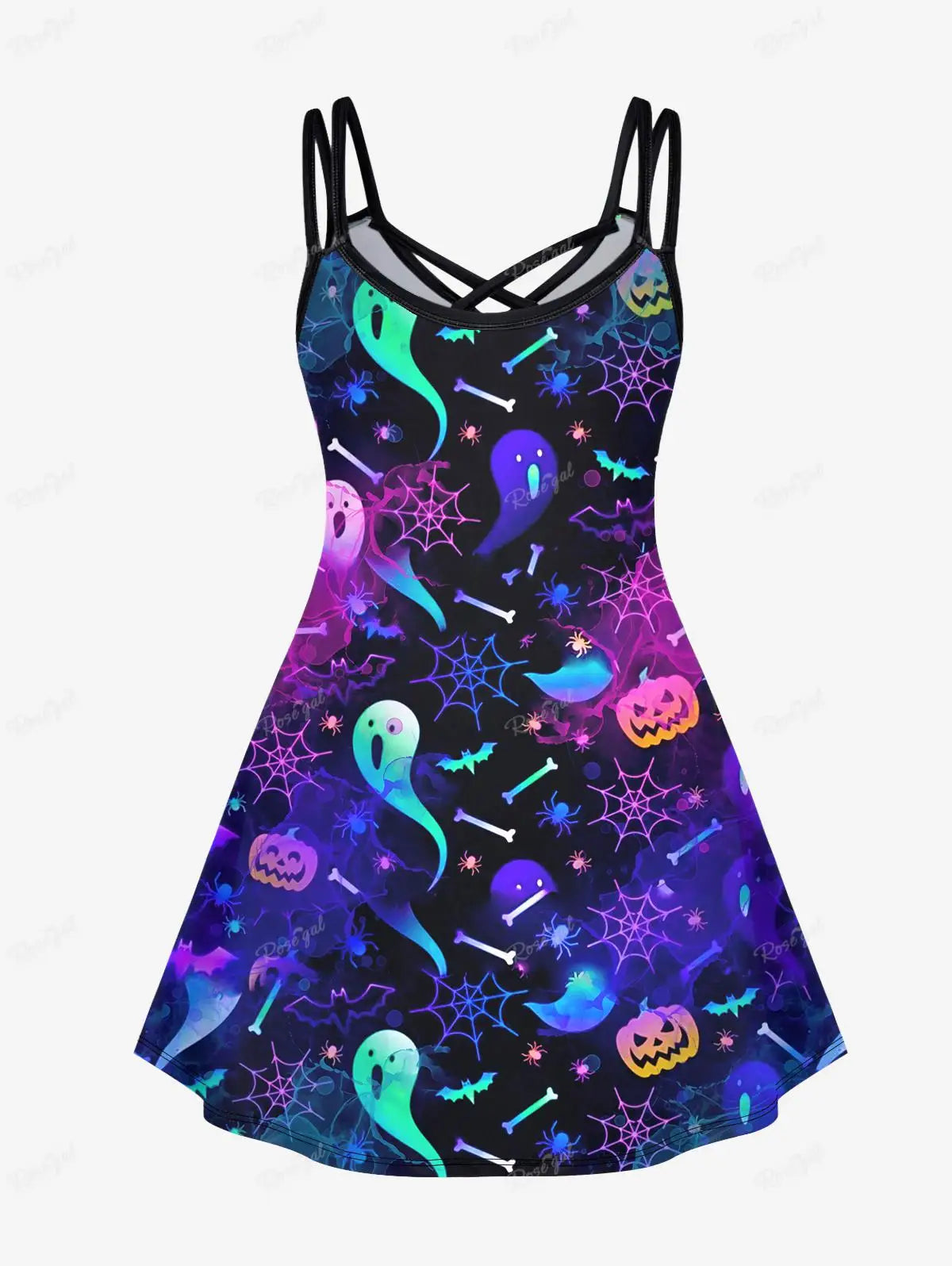 **Spooky Women's Dresses XS-6X**  
Ghost, Pumpkin, Bat, Spider Web Print Crisscross Cami Dress in Colorful Styled