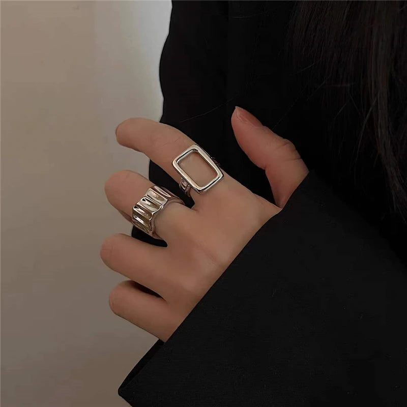 Punk Gothic Cool Geometry Silver Color Heart Flower Metal Opened Adjustable Ring For Women Men Girl Bff Party Grunge Y2k Jewelry