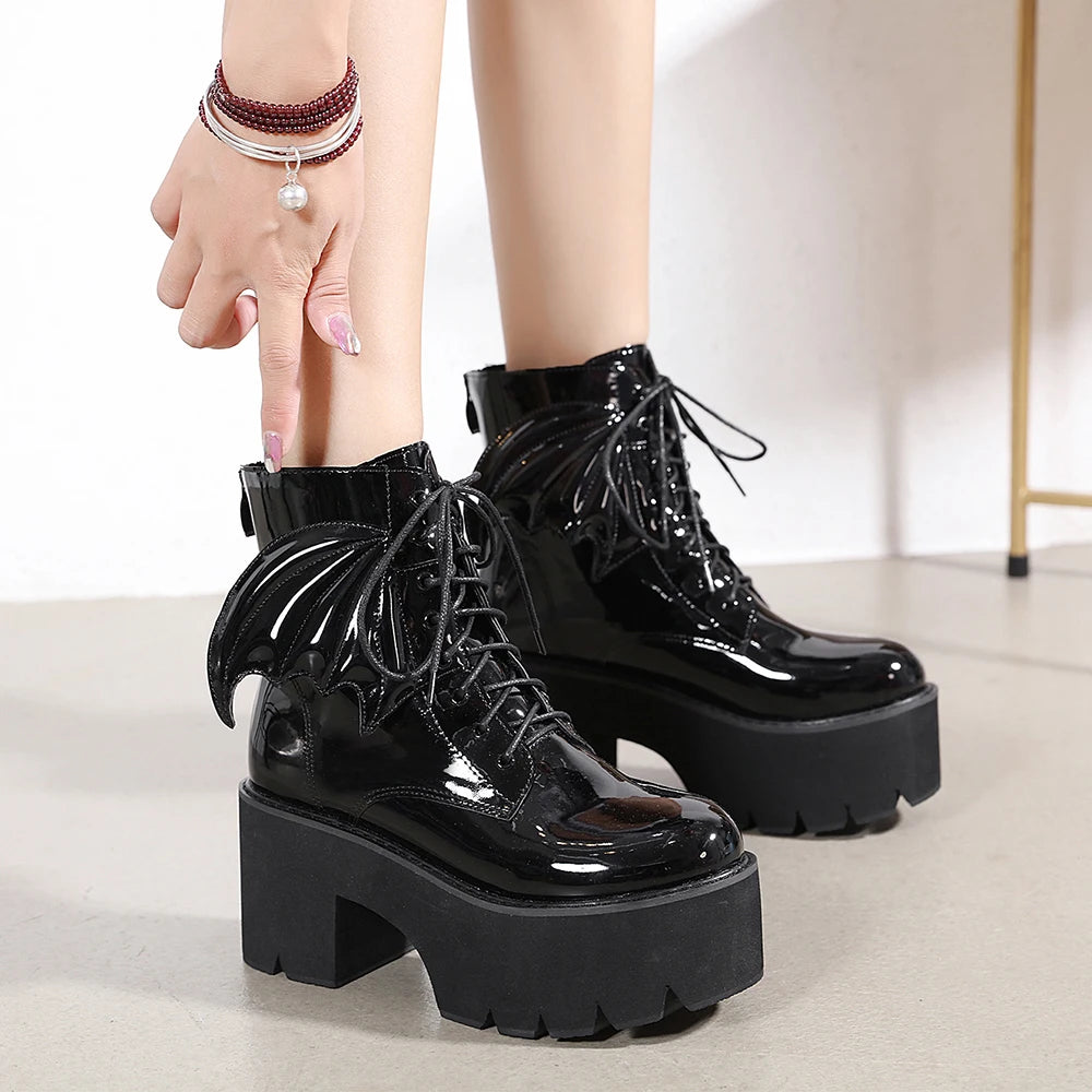 Gdgydh Women's Black Back Zipper Chunky Heel Boots Goth Style Lace Up Solid Color Platform Short Boots for Women Fashion Wing