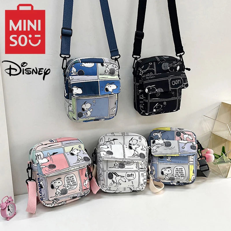 MINISO Disney Cartoon Shoulder Bag - Cute Snoopy Crossbody Phone Bag, Mini Square Printed Canvas Bag with Adjustable Straps