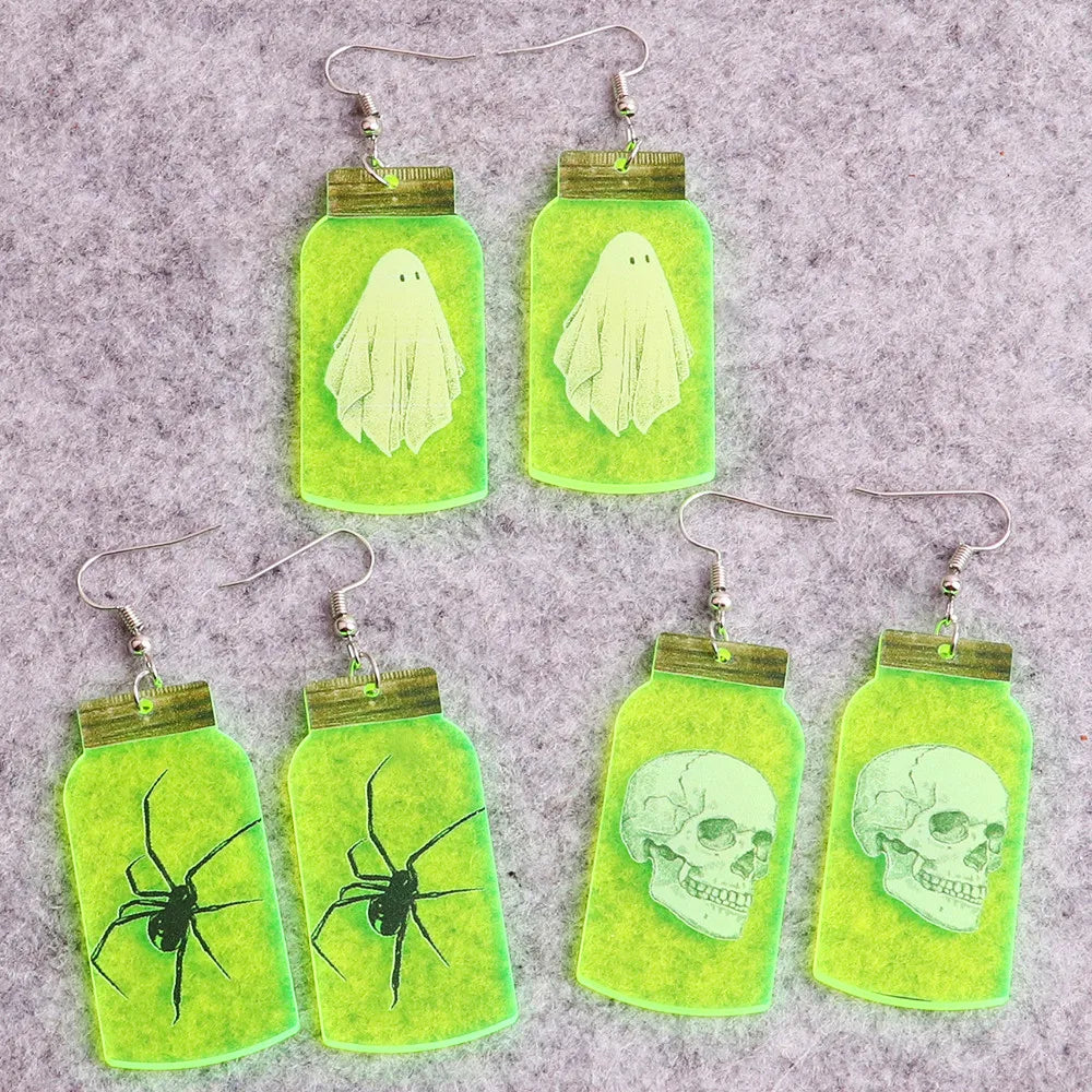 Trendy Skull Ghost Halloween Drop Earrings – Fluorescent Green Spider Bottle Acrylic Dangle Earrings for Women