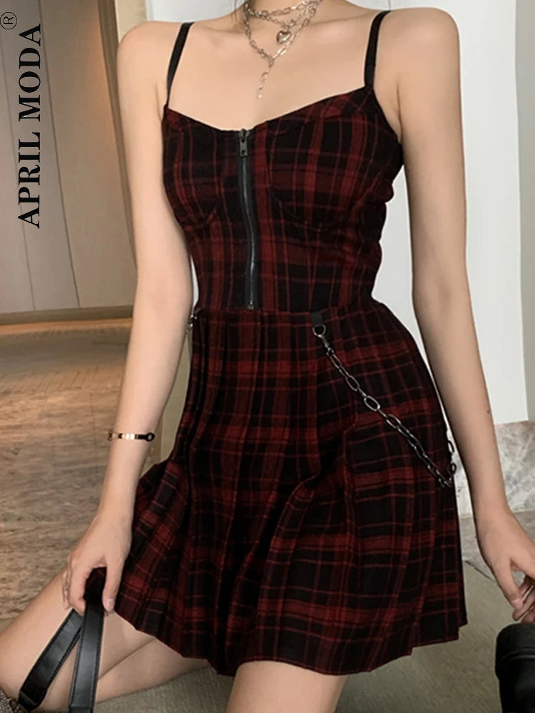 Gothic Girls' Red Plaid Pleated Dress – Emo Alt Y2K Zip-Up Punk Rock Mini Dress with Black Spaghetti Straps