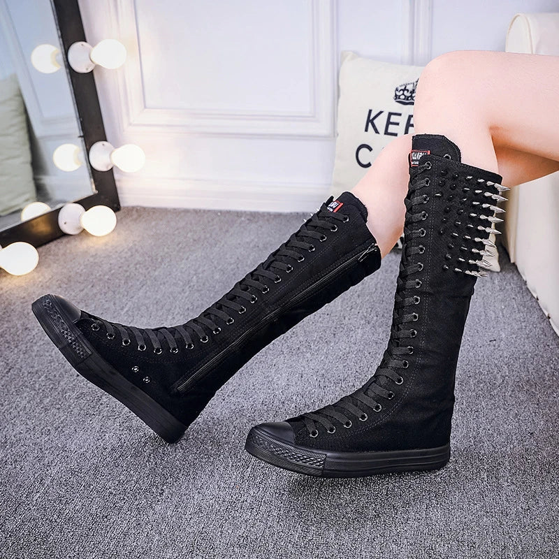 Women’s Canvas Mid-Calf Boots - Punk Rivet Slip-On Flat Sneakers, Casual Comfortable Outdoor Shoes