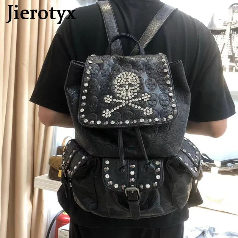 JIEROTYX Skull Backpack Women Gothic Rivet Studded Zipper Shoulder Purse Black Punk Metal 3D School Bags