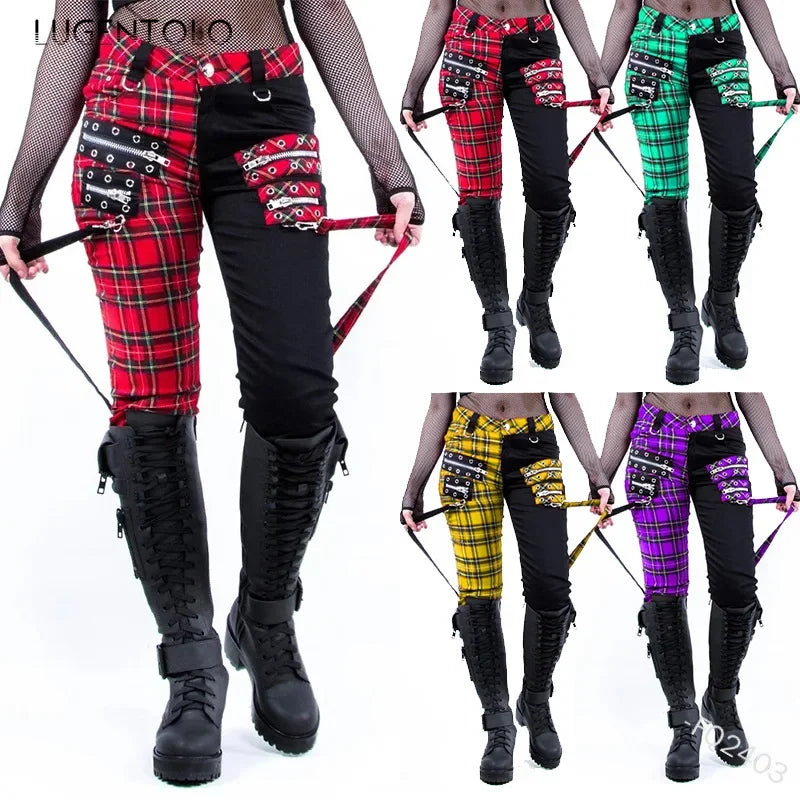 Plaid Color Block Patchwork Punk Rocker Staps And Zipper Pocket Detail Slim Fit Skinny Pants