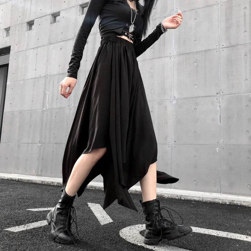 Gothic Black Irregular High Waist Skirt – Dark Punk Harajuku Vintage Mid-Calf Korean Skirt