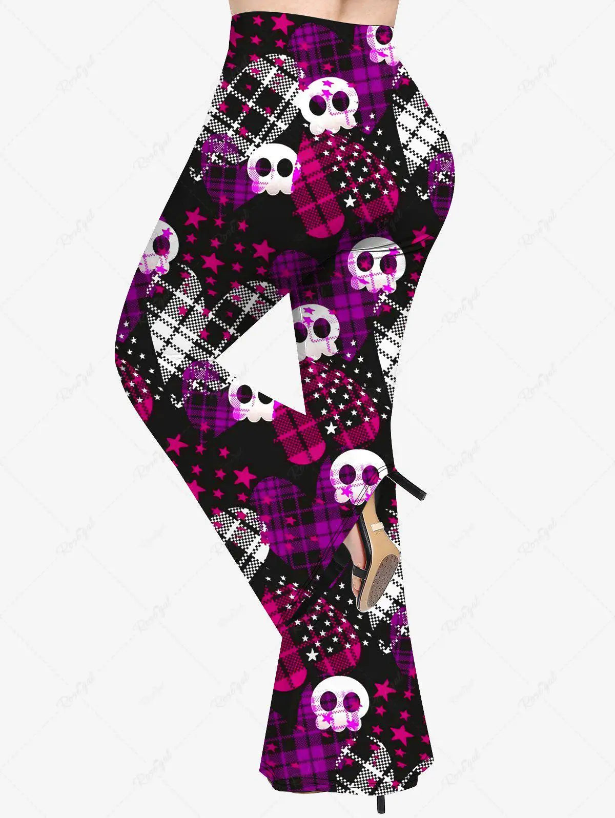 Plus Size Halloween Plaid Heart Cute Skull Stars Print Matching Set | Ruched T-Shirt or Flare Pants | Daily Casual Spring/Summer