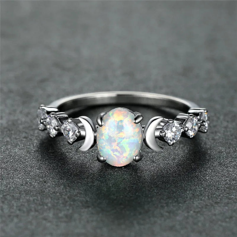 Women's Fashion Moon Ring with Opal Stone - Rose Gold and Silver Color Engagement Wedding Jewelry