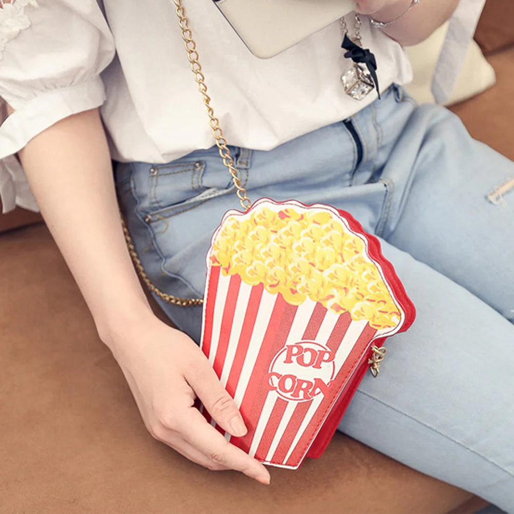 Popcorn Crossbody Bag for Women - Cute PU Leather Chain Messenger Handbag, Funny Cartoon Shoulder Purse Gift