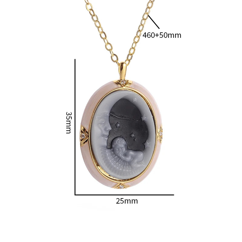 Ladies Elegant Onyx Cameo Moon Angel Pendant Necklace Girls Good Luck Dinner Jewelry Gift