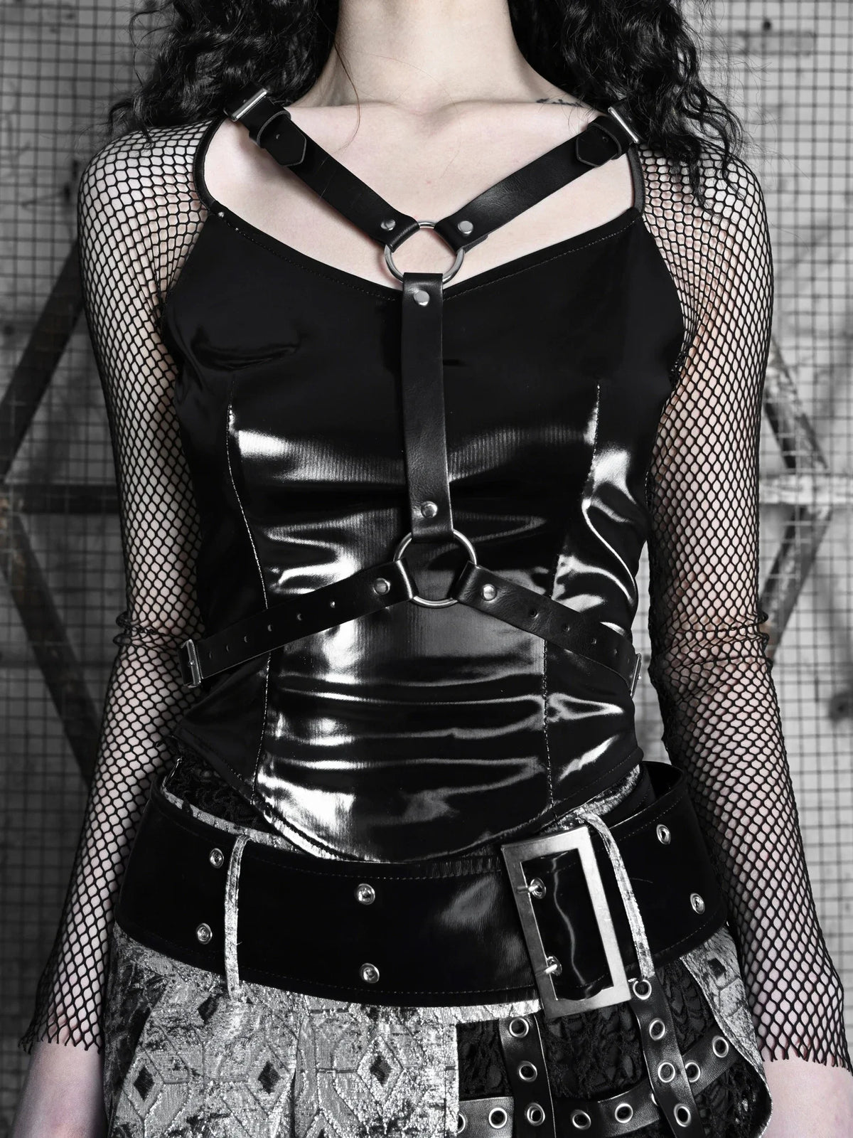 Blood Supply Original Punk PU Long Sleeve Slim T-shirt, Hot Girl Goth Fishnet Leather Belt Slim Top