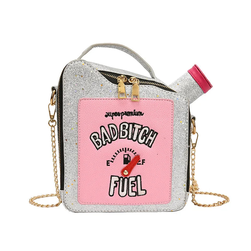 Fashionable Laser Sequin Embroidery Letter Oil Pot Bag - Creative Funny Chain Shoulder Bag for Women, Cute Messenger Bag