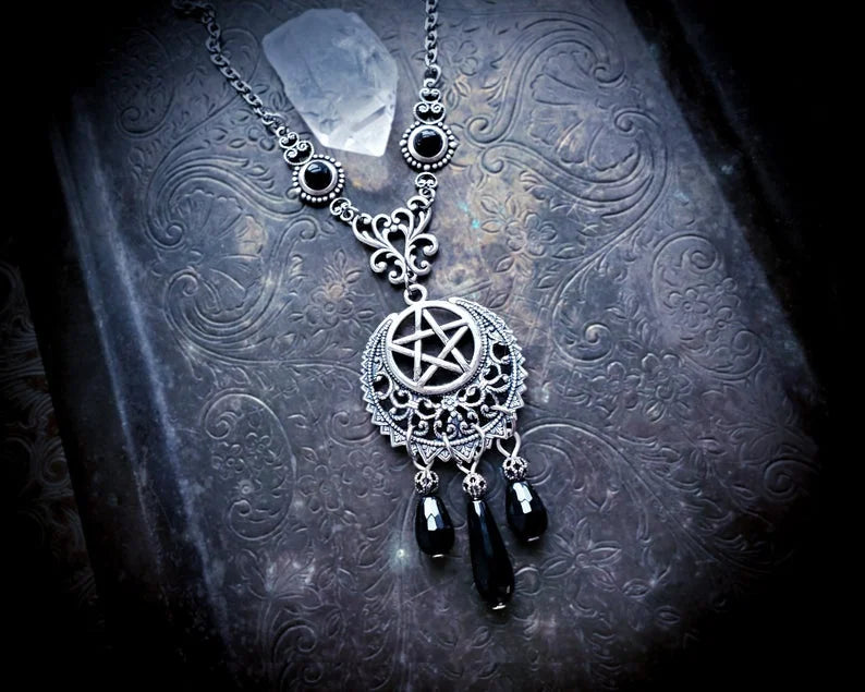 Black Onyx Pentagram Necklace – Gothic Wiccan Pagan Jewelry, Pentacle Pendant