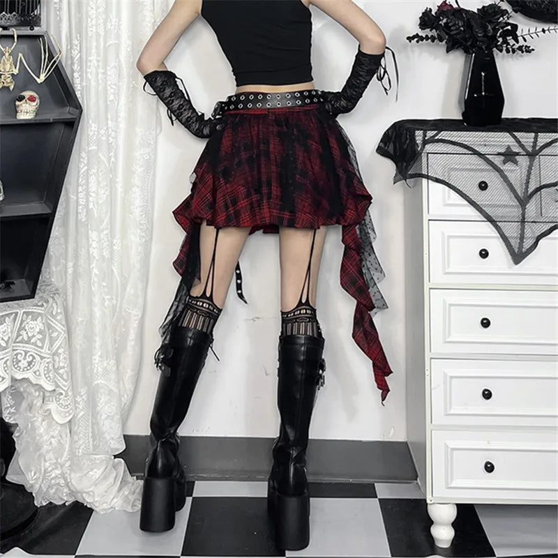 Goth Dark 90s Grunge Plaid – Mall Goth Irregular Lace Ribbon Women's Mini Skirt