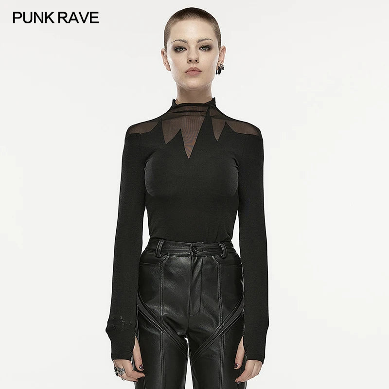 PUNK RAVE Women's Punk Heartbeat Mesh Long Sleeve T-shirt Daily  Stand Collar Finger Hole Design Dark Soft Elastic  Tops